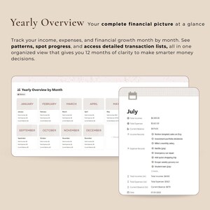 May include: A digital financial planner with the title "Yearly Overview" and the text "Your complete financial picture at a glance." The planner displays monthly income, expenses, and financial growth. The July section shows income, expenses, and balance.