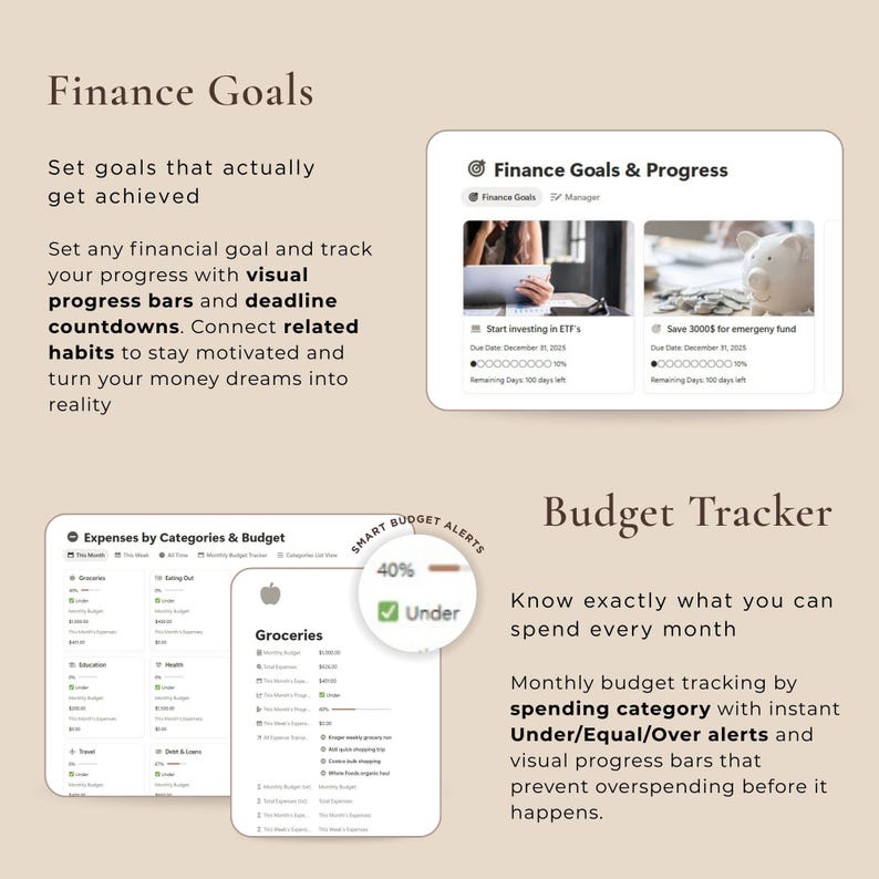 May include: A digital finance app interface with the title "Finance Goals" and "Budget Tracker." The app features progress bars, deadline countdowns, and budget tracking by spending category. The interface includes the text "Smart Budget Alerts" and "Under."