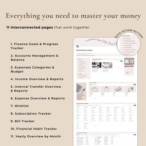 May include: A digital personal finance tracker with a light beige background. The text reads "Everything you need to master your money." The tracker includes sections for finance goals, expenses, income, and more. A calendar shows the date June 17.