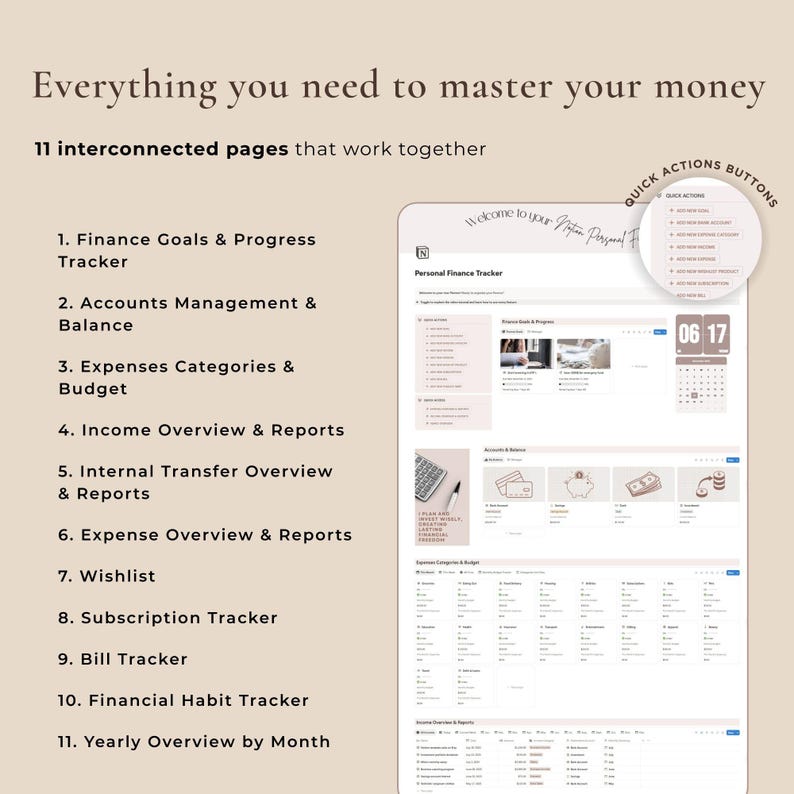 May include: A digital personal finance tracker with a light beige background. The text reads "Everything you need to master your money." The tracker includes sections for finance goals, expenses, income, and more. A calendar shows the date June 17.