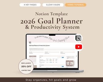 Notion Goal Planner 2026 All-in-One Productivity Task Manager Reading Log Book Tracker Notion Template Learning Goal Dashboard Vision Board