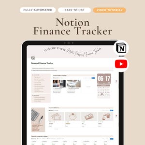 Könnte beinhalten: Ein digitales Tablet zeigt die Notion Finance Tracker-Oberfläche. Der Bildschirm zeigt Finanzplanungstools, einschließlich Ausgabenkategorien, Budgetverfolgung und Kontostände. Der Text auf dem Bildschirm enthält "Fully Automated", "Easy to Use" und "Video Tutorial".