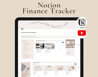 May include: A digital tablet displays a Notion Finance Tracker interface. The screen shows financial planning tools, including expense categories, budget tracking, and account balances. Text on the screen includes "Fully Automated", "Easy to Use", and "Video Tutorial".