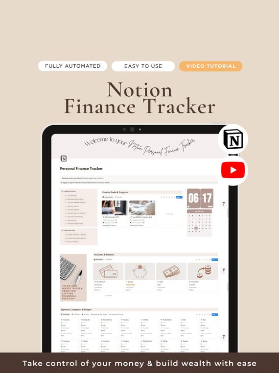 Notion Finance Tracker Template | Personal Finance & Budget Planner | All-in-One Financial Dashboard | Bills, Savings and goals