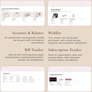 May include: Screenshots of a digital financial management application. Features include an accounts and balance database, a wishlist, a bill tracker, and a subscription tracker. The app displays financial data and offers automatic calculations.