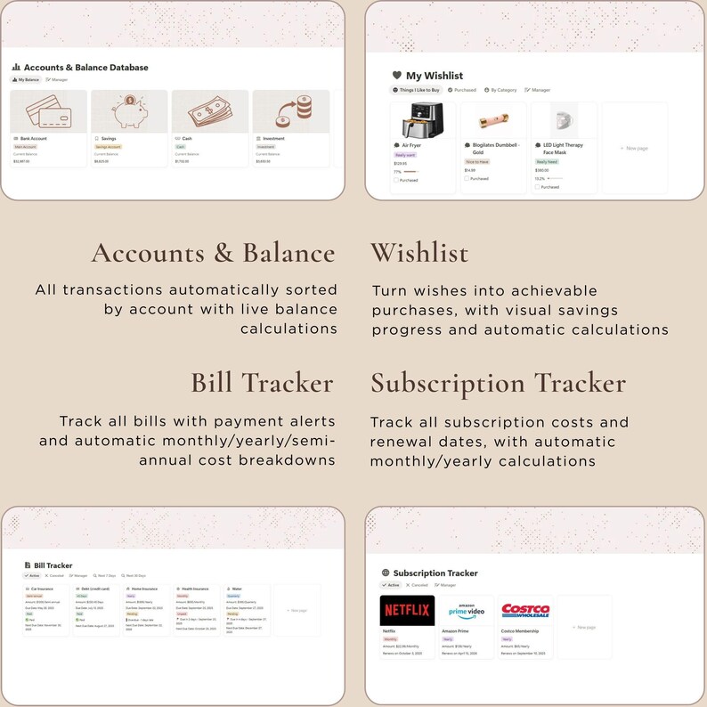 May include: Screenshots of a digital financial management application. Features include an accounts and balance database, a wishlist, a bill tracker, and a subscription tracker. The app displays financial data and offers automatic calculations.