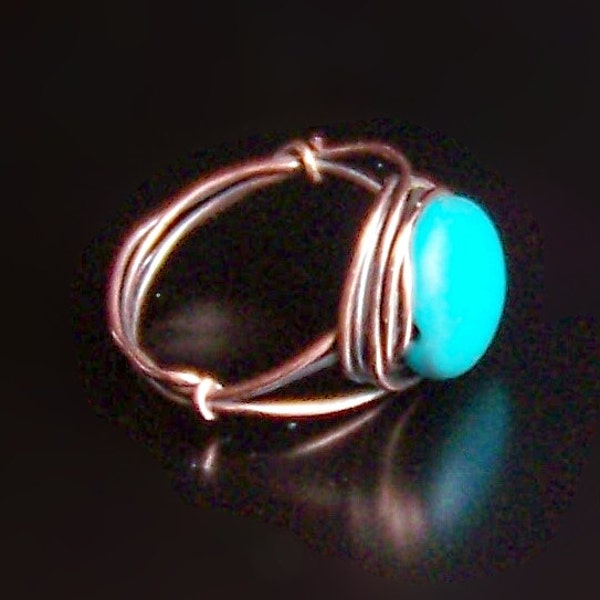 Ring Turquoise in Solid Copper  Wire Wrapped Simple Ring