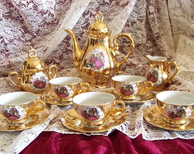 Porcelain Bavarian Demitasse Tea Set Service for 5, 22kt Gold Overlay