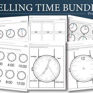 May include: A printable "Telling Time Bundle" featuring worksheets for learning to tell time. The worksheets include clock faces with hands, blank clock faces, and exercises to draw hands on clocks. The bundle is designed for educational purposes.