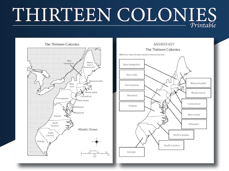 Thirteen Colonies Map Worksheet | Labeled, Blank &amp; Answer Key PDF | US History Printable Letter ...