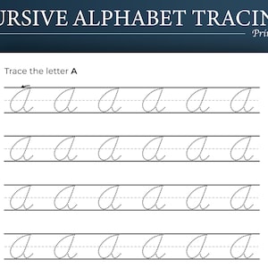 May include: A printable worksheet for cursive alphabet tracing. The top of the page reads "CURSIVE ALPHABET TRACING Printable". The worksheet focuses on tracing the lowercase letter "a". The letter "a" is shown in dotted lines for tracing practice.