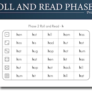 May include: A printable educational worksheet titled "Roll and Read Phase 2" with the subtitle "Phase 2 Roll and Read - h". The worksheet features a grid of words, each starting with the letter "h", and dice icons.