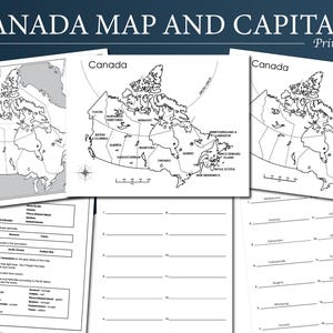 May include: Printable educational materials featuring maps of Canada and its provinces, along with fill-in-the-blank exercises. The title "CANADA MAP AND CAPITALS" is displayed at the top. The maps are in black and white, suitable for coloring.