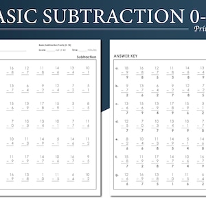 May include: Printable worksheet with subtraction problems, labeled "BASIC SUBTRACTION 0-18." The worksheet includes a section for the student's name, score, and time. The answer key is also provided.
