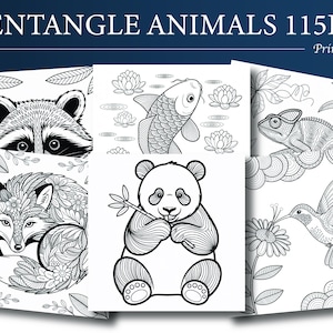 May include: A collection of printable Zentangle animal coloring pages. The pages feature detailed black and white illustrations of a raccoon, fox, koi fish, panda, chameleon, and hummingbird. The text "ZENTANGLE ANIMALS 115PG Printable" is at the top.