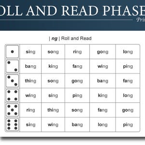 May include: A printable educational chart titled "Roll and Read Phase 3." The chart features a grid with words like "sing," "song," and "ring," alongside dice images. The words are arranged in rows and columns for reading practice.