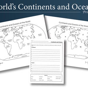 May include: Printable educational worksheet titled "World's Continents and Oceans." The image shows two world maps with continents and oceans labeled, and a worksheet for labeling continents and oceans. A compass rose is visible.
