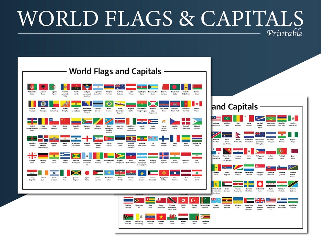 World Flags & Capitals Chart | 2 Page A4 Printable PDF - Etsy