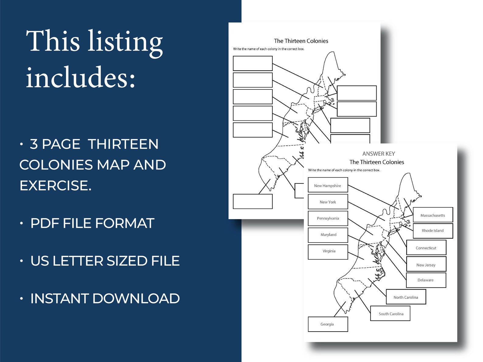 Thirteen Colonies Map Worksheet | Labeled, Blank & Answer Key PDF | US ...