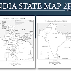 Puede incluir: Un mapa imprimible en blanco y negro de la India, etiquetado como "INDIA STATE MAP 2PG Printable". El mapa muestra los estados y territorios de la India, con etiquetas para países y cuerpos de agua. Incluye una escala en kilómetros.