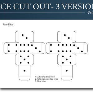Peut inclure: Modèles de dés imprimables en trois versions. L'image montre deux patrons de dés avec des lignes pointillées et pleines pour le pliage et le collage. Chaque dé est blanc avec des points noirs représentant les chiffres.