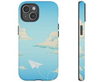 Blue Sky Paper Plane Phone Case – Whimsical Clouds Tough Case