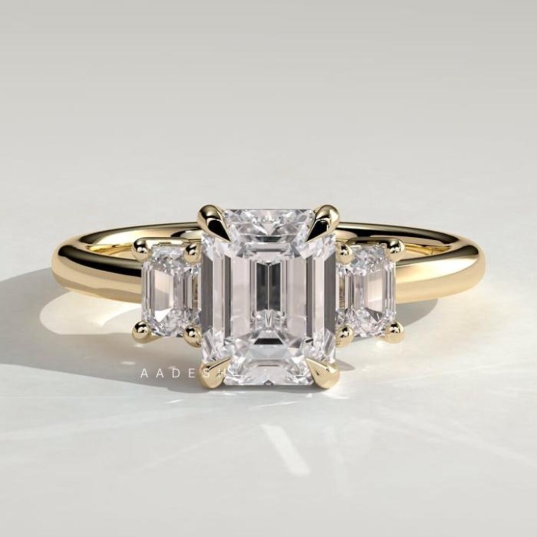 Emerald Cut Lab Grown Diamond Three Stone Engagement Ring Emerald ...