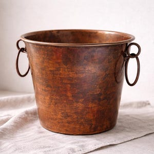 Vintage Copper Bucket Planter Rustic Farmhouse Ice Bucket Large Copper Pot Hammered Metal Vessel With Ring Handles