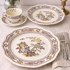 Vintage Mason’s Manchu Ironstone 4-Piece Place Setting | English Transferware | Brown & Yellow Floral | Cottagecore Tableware