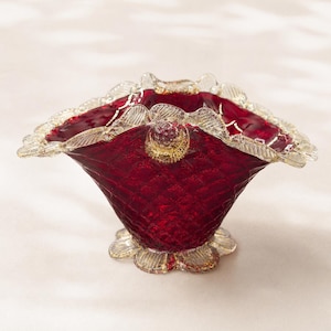 Vintage Ruby Red Glass Bowl Gold Trim Italy E&R Candy Dish | Mid Century Art Glass Centerpiece | Decorative Vanity Bowl