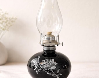 Vintage Black Glass Oil Lamp w/ Etched Rose Floral Design, Hurricane Kerosene Lamp, Farmhouse Cottage Decor, Antique Style Lighting