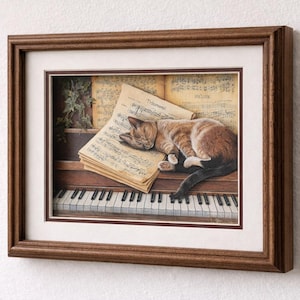 May include: A framed artwork depicts a ginger and white cat sleeping on a piano keyboard. The cat rests atop sheet music with the word "Triumphant" visible. The artwork is framed in a brown wooden frame and set against a white background.