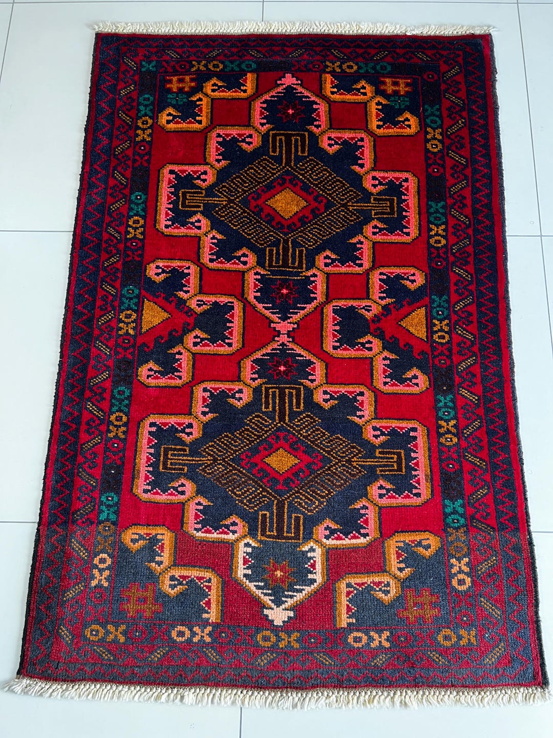 Red Afghan Baluchi Rug Hand Knotted Wool Geometric Tribal Nomadic Area ...
