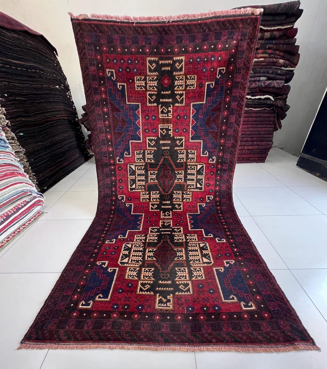 4x8 Ft Red Afghan Baluchi Runner Style Rug | Handmade Wool Tribal Rug ...