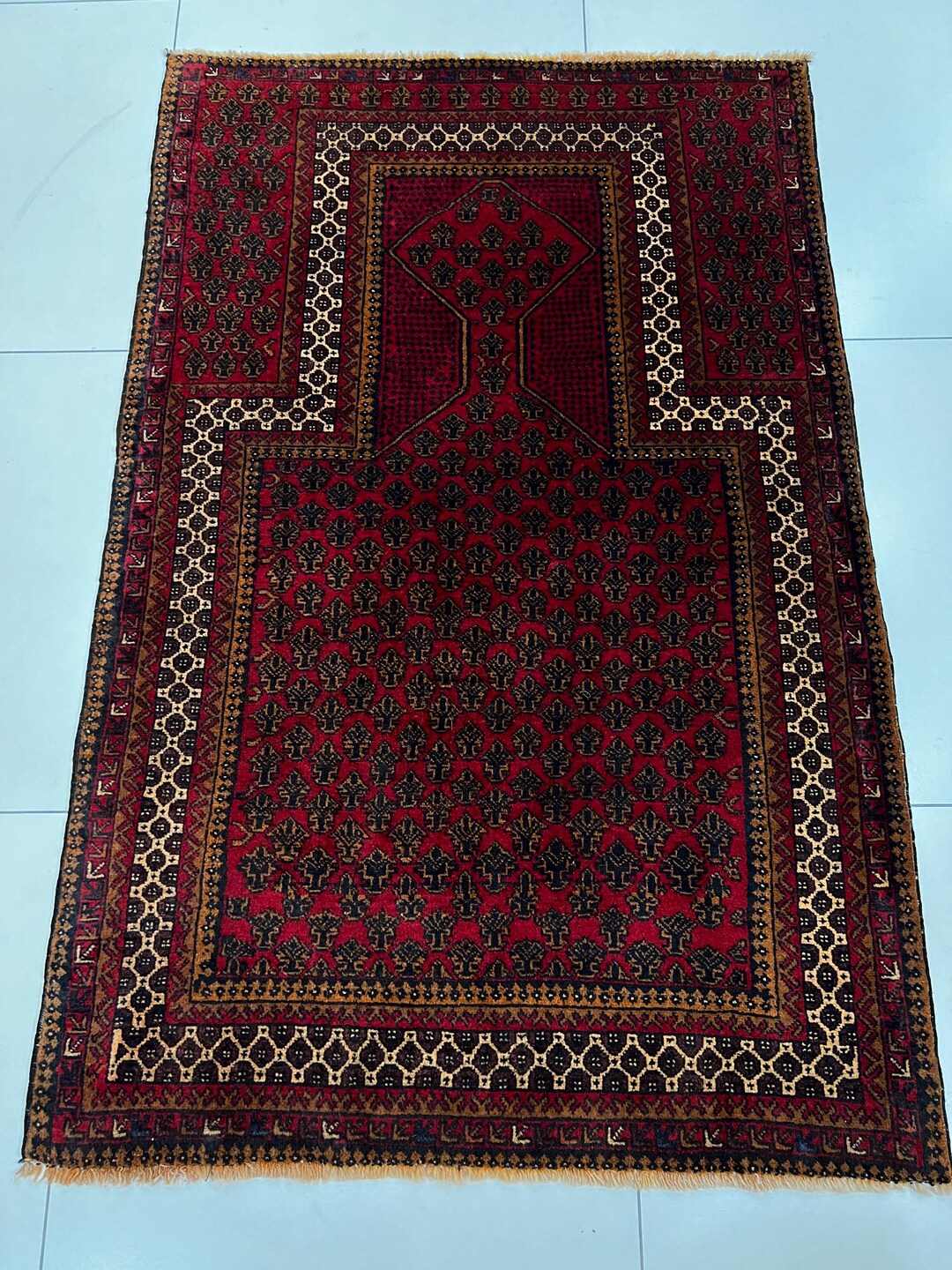 3x5 Ft Red Baluchi Prayer Rug Hand Knotted Afghan Wool Rug, Geometric ...