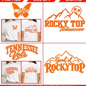 Può includere: Una collezione digitale di quattro design grafici arancioni con temi del Tennessee. I design includono una farfalla con testo, una catena montuosa con il testo Rocky Top Tennessee, il testo Tennessee Vols e una catena montuosa con Good'ol Rocky Top.