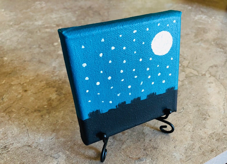 Desk Art Acrylic Painting Wall Decor Stand Wall Art 4x4 Turquoise Moon Canvas Painting Canvas Art Desk Decor