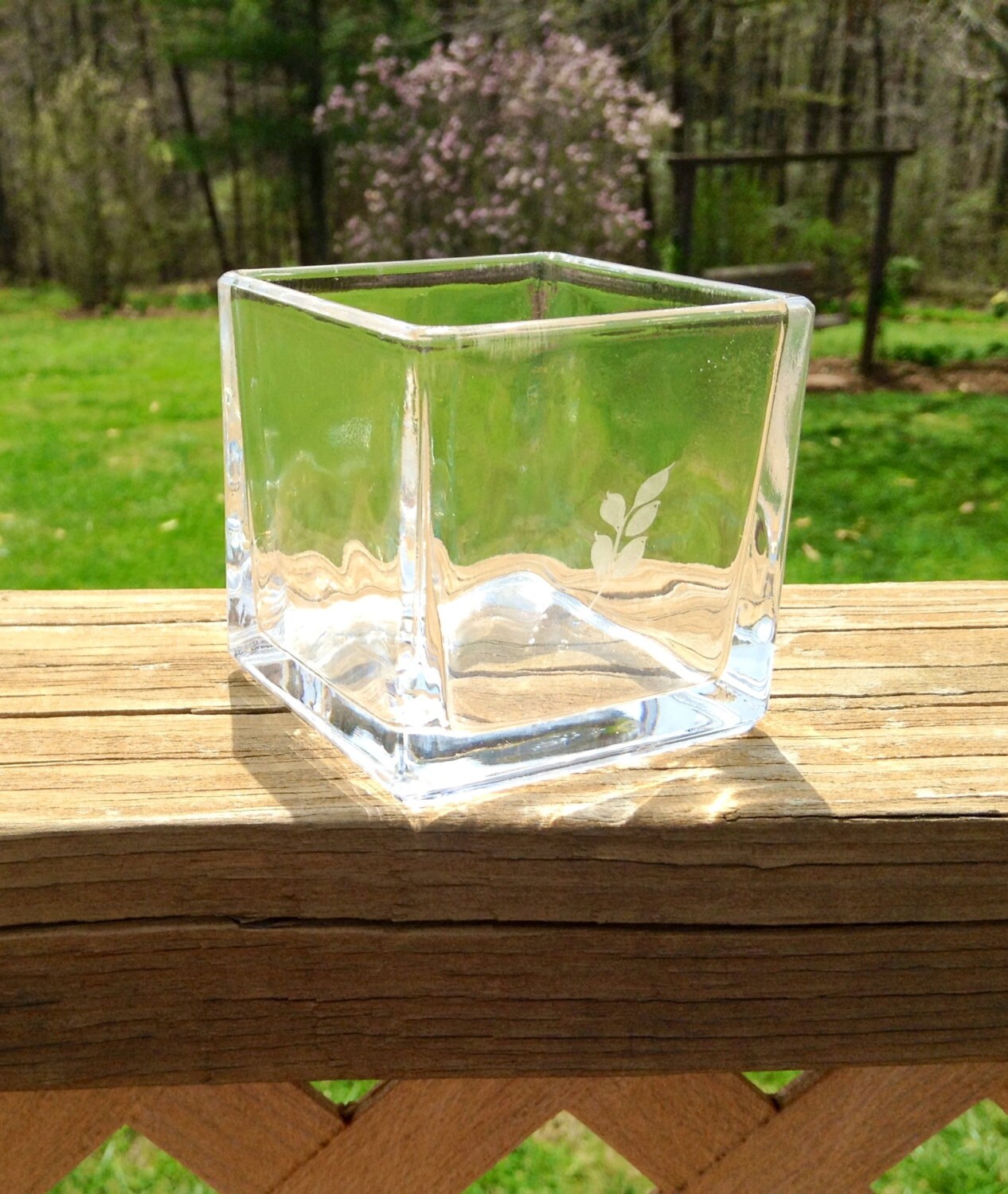 Dishwasher Safe Etched Glass Cube Candleholder Small Candleholder Permanent Leaf Design Clear