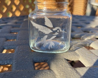 Small Etched Glass Bottle, Home Decor, Etched, Hummingbird