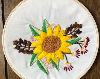 Sunflower Embroidery Art, Finished, Wall Decor, Hoop Art