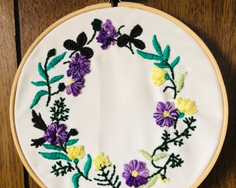 Flower Border Embroidery Hoop Art, Finished, Fiber Arts, Wall Decor