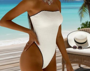 Wrinkled Bandeau One Piece Swimsuit High Cut Slim Monokini Beachwear for Women Summer