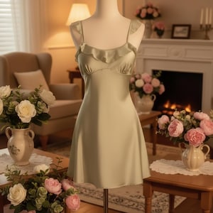 May include: A light green satin slip dress with ruffled trim on a mannequin. The dress has thin straps and a flared skirt. The background includes a fireplace, flowers, and a lamp.