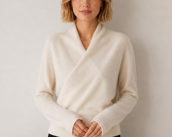 Cashmere Wool Blend Knitted Shirt, V Neck Crossover Knit Sweater, Minimalist Winter Top