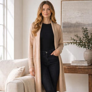 Cardigan lungo da donna in misto lana e cashmere, cardigan oversize lavorato a maglia, cappotto spolverino minimalista, cardigan invernale morbido, outfit neutro