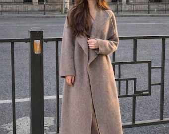 Długi płaszcz z mieszanki wełny dla kobiet, czarny płaszcz kopertowy z paskiem, elegancki minimalistyczny zimowy płaszcz