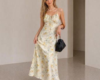 Vestido lencero midi floral – Vestido de verano de tirantes finos de inspiración vintage
