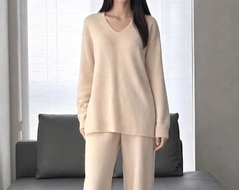Cashmere Wool Blend Knit Lounge Set, Cozy V-Neck Sweater