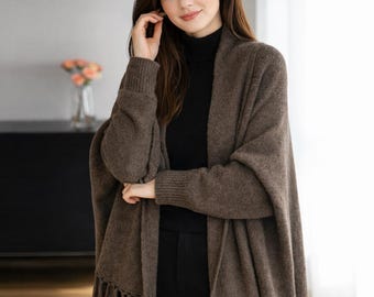 Abrigo de lana con flecos para mujer: cárdigan cruzado de punto suave, poncho de invierno extragrande