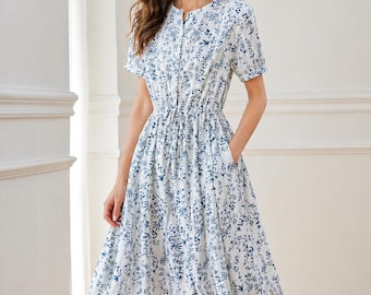 Robe midi en coton à fleurs, robe d'été, style cottage avec poches